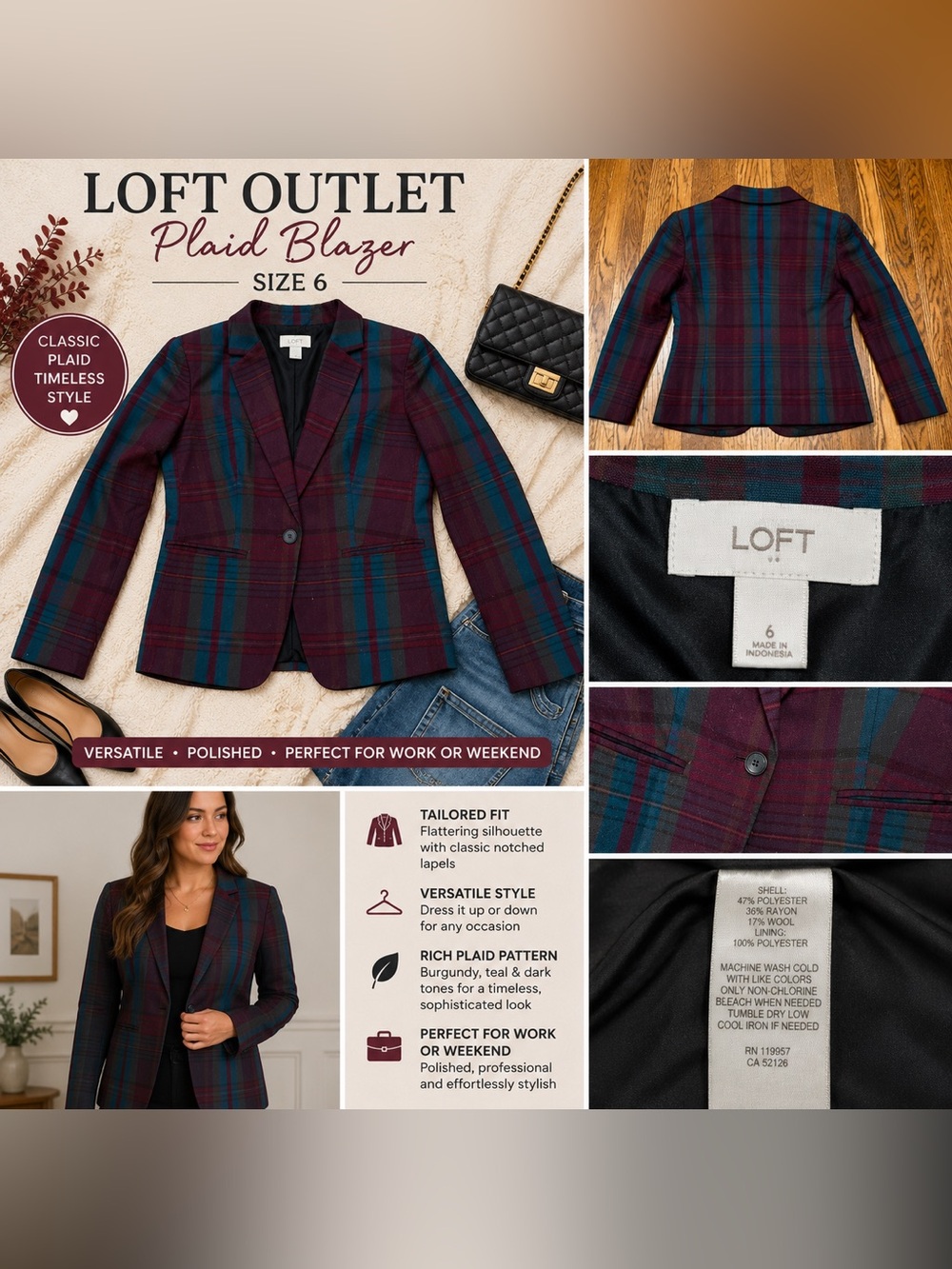 LOFT Burgundy and Teal Plaid Blazer Women’s Size 6